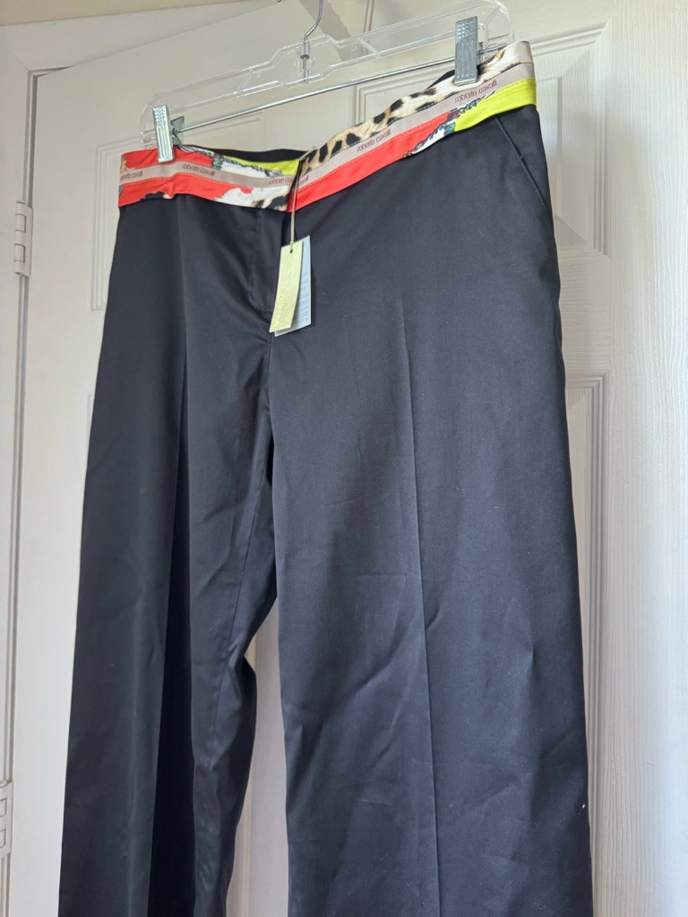 Roberto Cavalli Black Straight-Leg Pants with Neon Animal Print Waistband Italy
